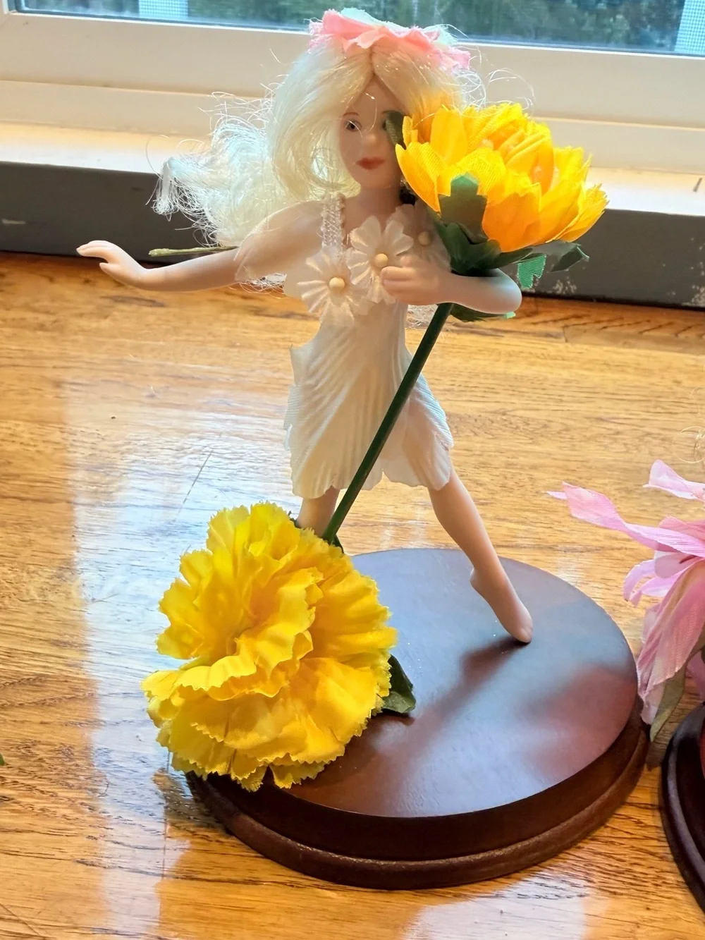 Yellow Floral Fairy Figurine on Wooden Base - Home Accents